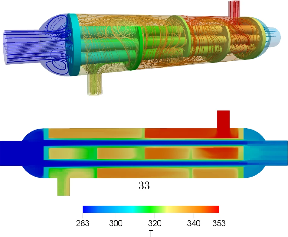 Fig. 12 — Final temperature distribution at t = 30 s using monolithic coupling (temperature range 283–353 K).